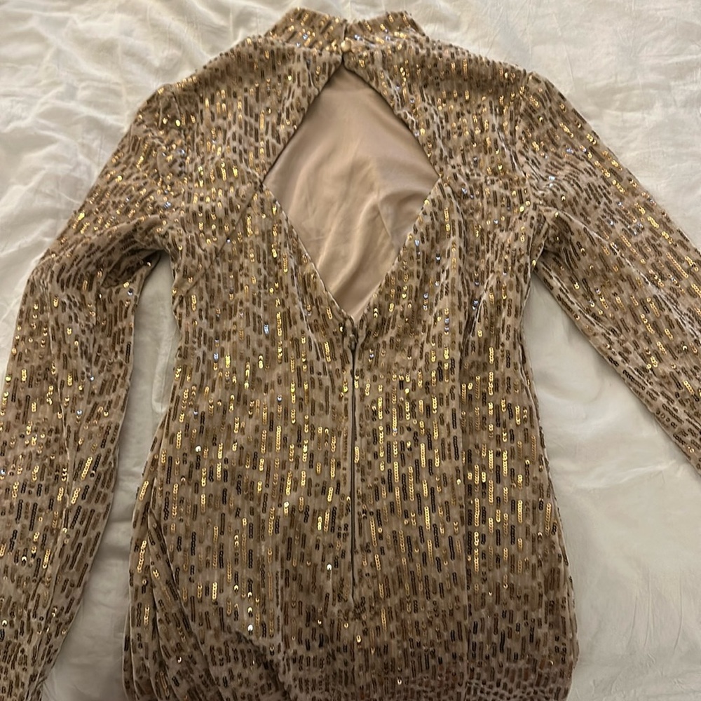 Gold open back long sleeve fitted dress